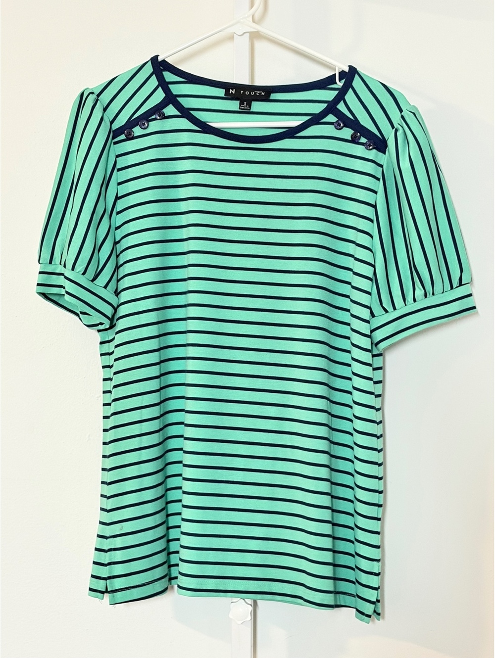 N Touch Women's Striped Green and Navy Blue Short Sleeve Top with Button Detail,
